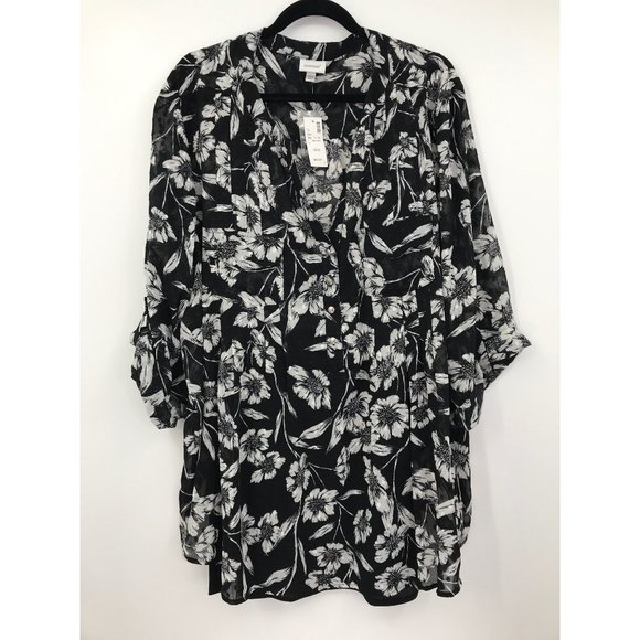 Avenue Burnout Sheer Floral V-Neck Roll Tab Sleeve Blouse Black White 30/32 NEW - Picture 1 of 5